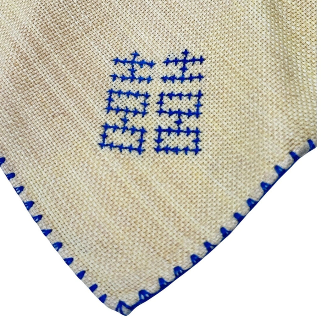 Vintage 80s Yellow Linen Napkins & Rings Set Hand Stitched Blue