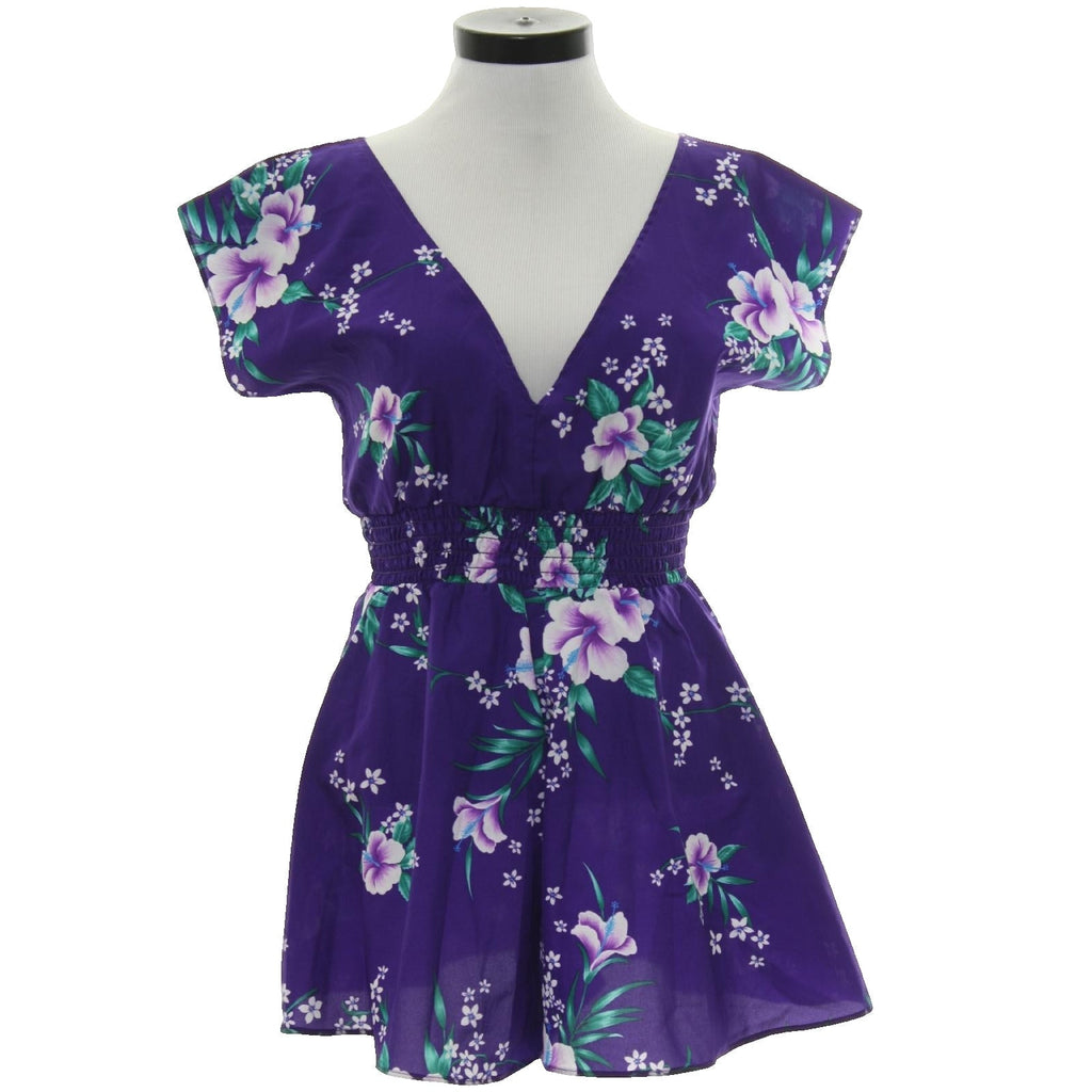 Vintage 80s Purple Hawaiian Floral Romper Sunsuit Womens Small