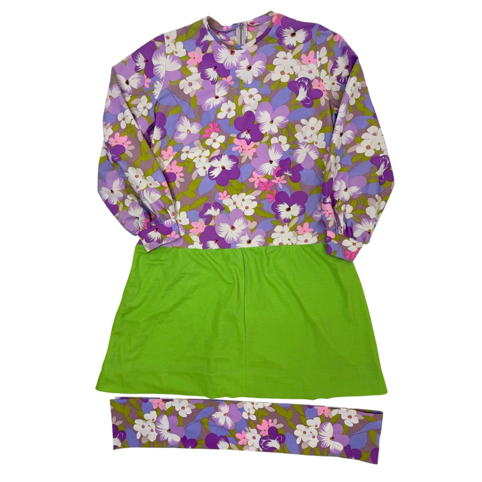 Vintage 70s Purple Floral Drop Waist Mini Dress Home Sewn Knit Small