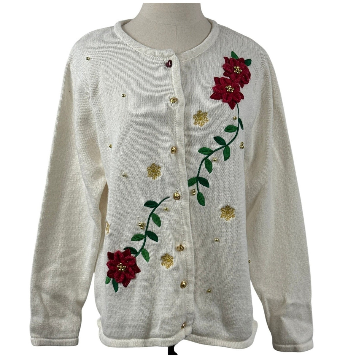 Vintage 90s Classic Elements Cream Poinsettia Christmas Cardigan Women’s Large