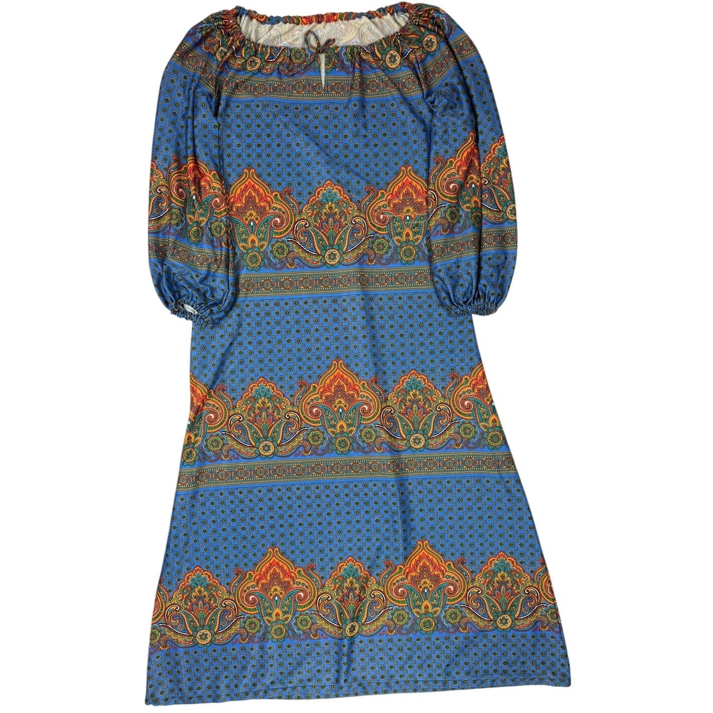 Vintage 1970s Navy Paisley Fleur de Lis Boho Maxi Lounge Dress Women's Medium