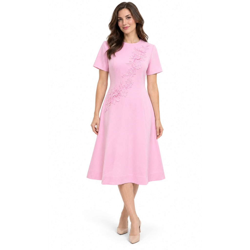 Vintage 70s Henry-Lee Pink Floral Appliqué A-Line Midi Dress Women's Small