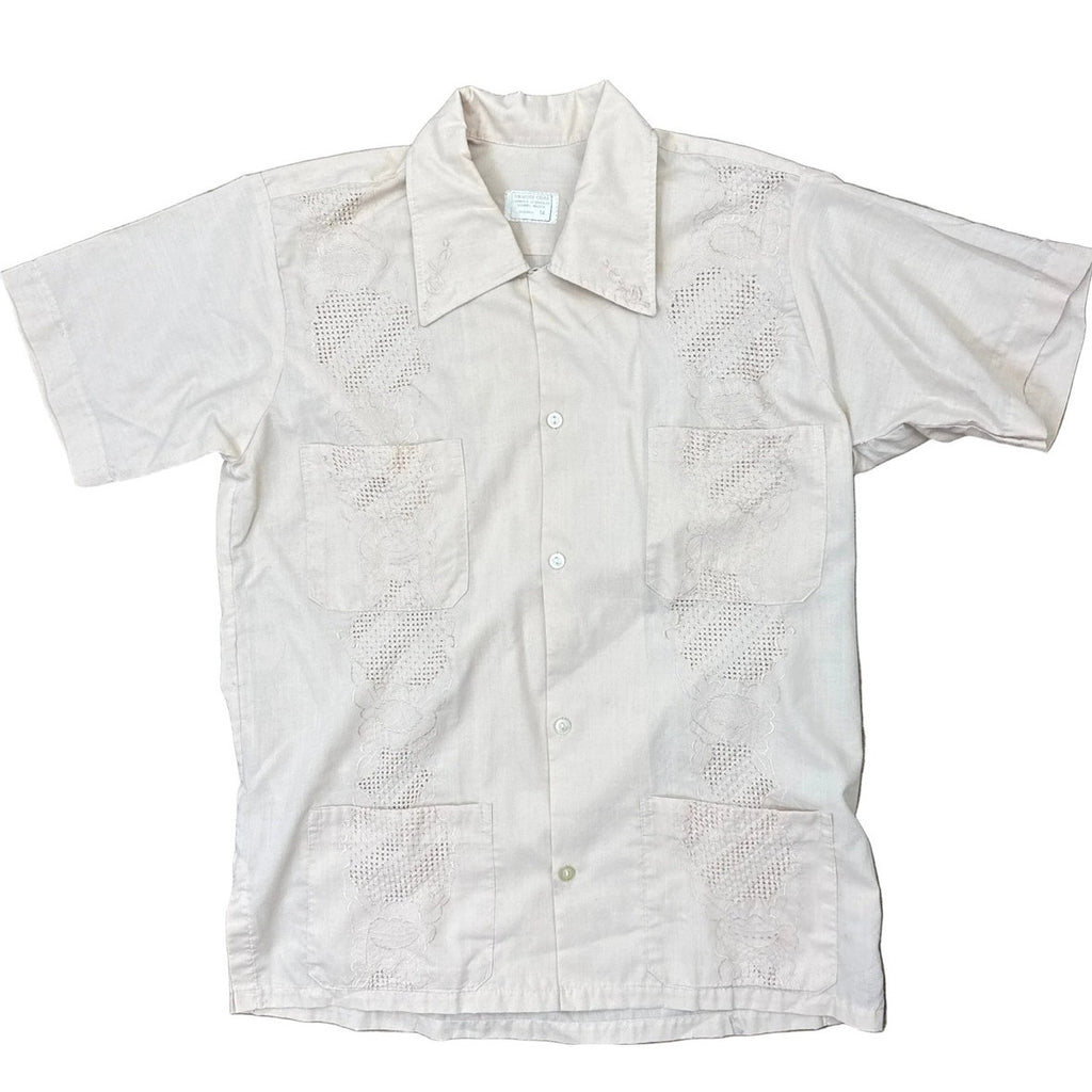 Vintage 70s Calez Taupe Guayabera Shirt Embroidered 4 Pocket Men's Small