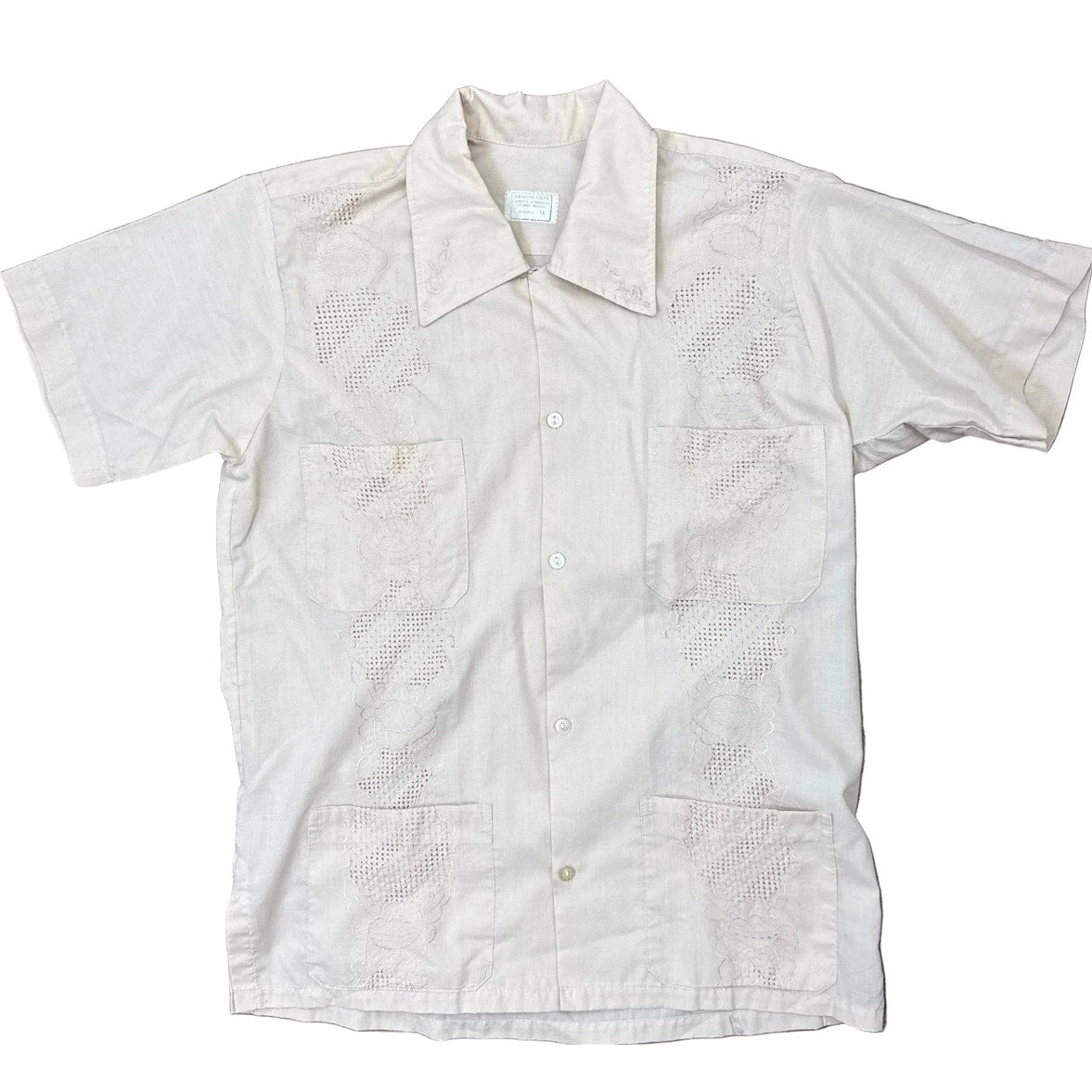 Vintage 70s Calez Taupe Guayabera Shirt Embroidered 4 Pocket Men's Small