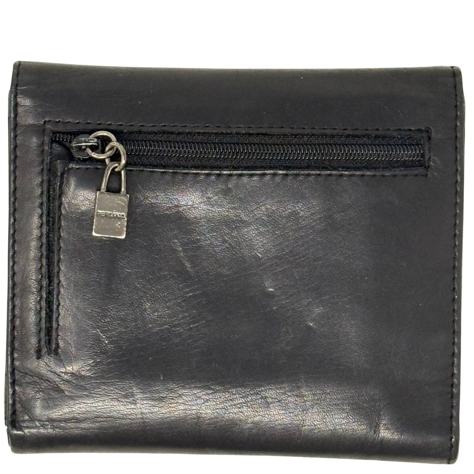 Vintage 00s Perlina New York Black Leather Wallet Clutch Organizer Zip Pocket