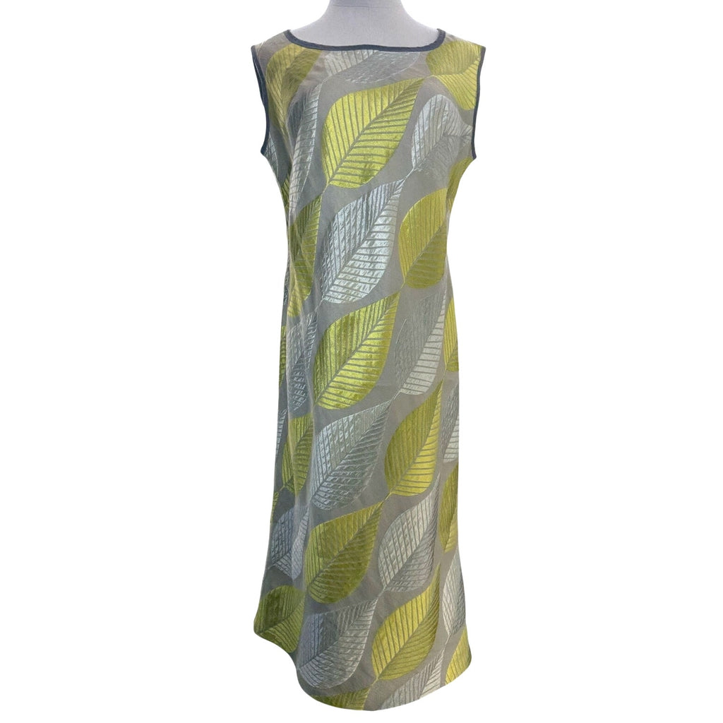 Vintage 90s Silver Chartreuse Sleeveless A-Line Rayon Dress Leaf Women's Medium