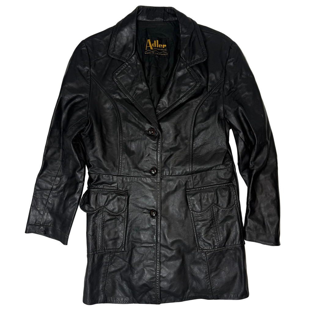 Vintage 70s Black Leather Trench Jacket Mid Length Women's Small Heart Pockets