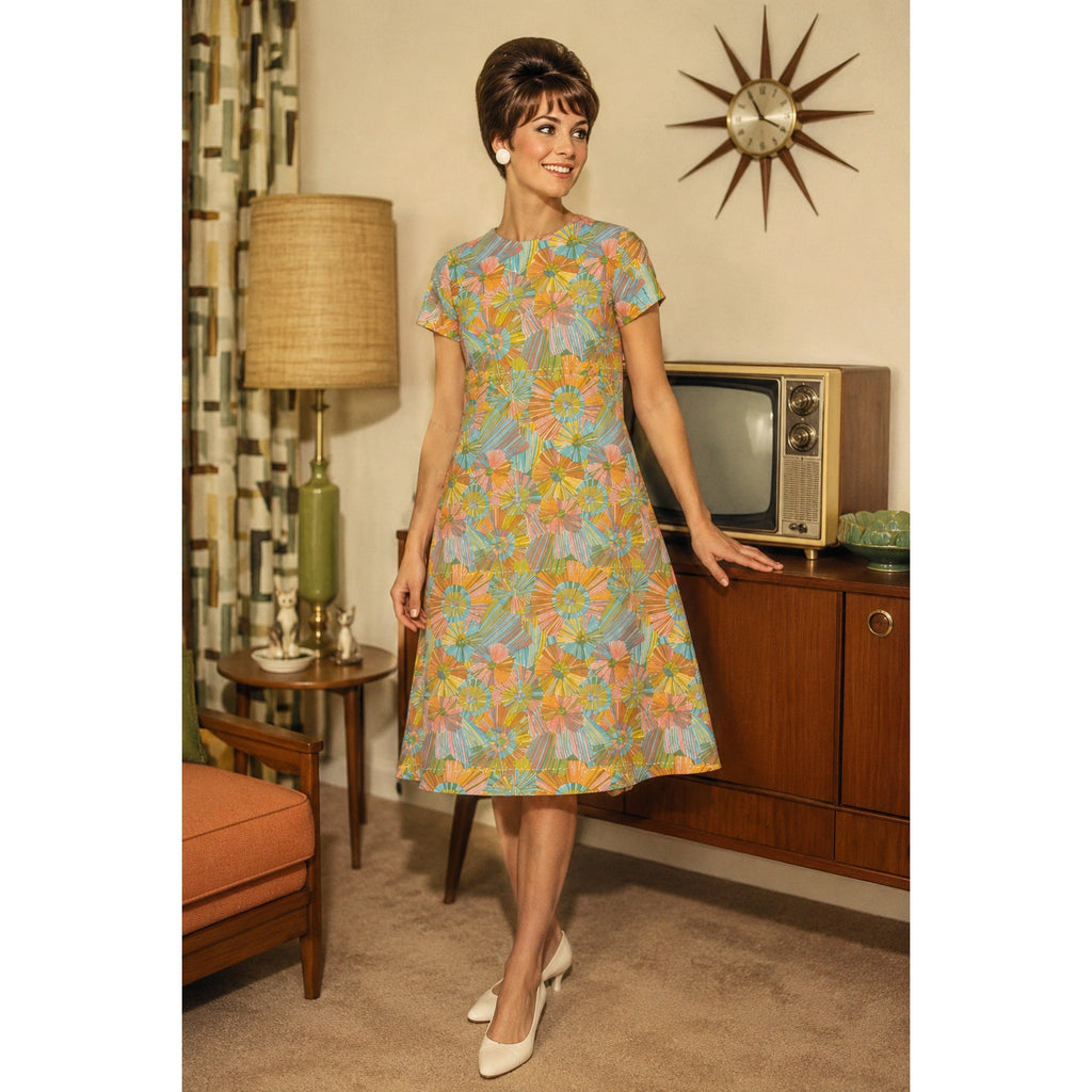 Vintage 60s Women's Medium Mod Dress Geometric Midi Orange Blue Green Yellow