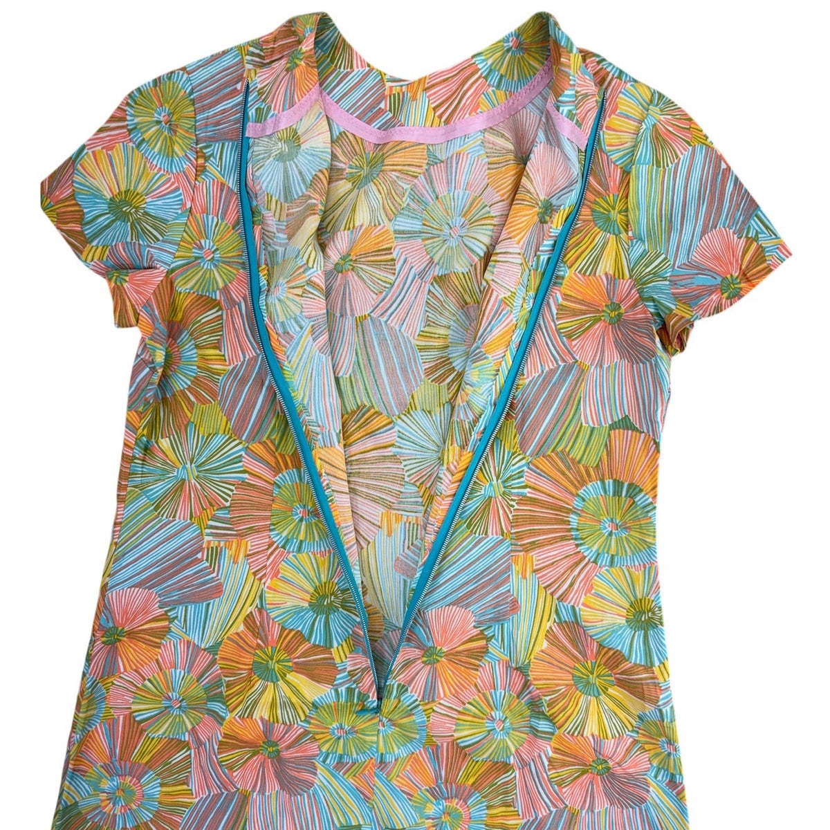 Vintage 60s Women's Medium Mod Dress Geometric Midi Orange Blue Green Yellow