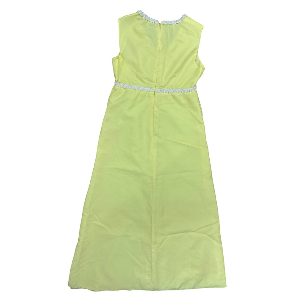 Vintage 70s Yellow Empire Waist Dress White Trim Sleeveless Midi