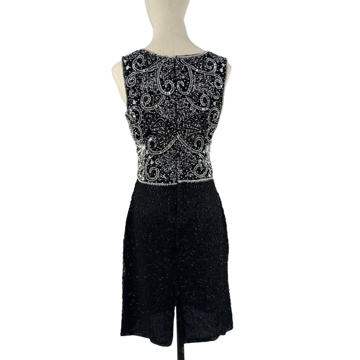 Vintage 80s Lawrence Kazar Black Beaded Silk Sheath Dress Women's Small