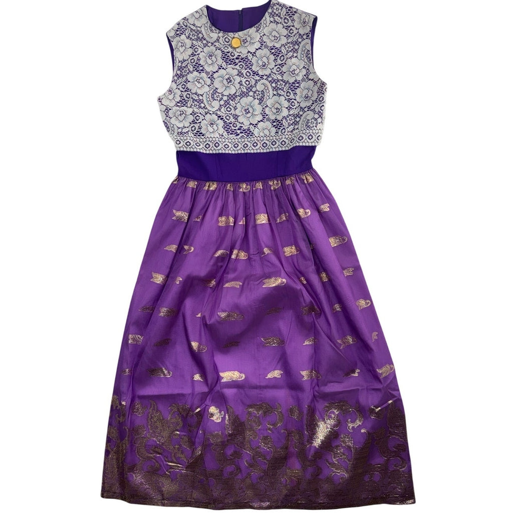 Vintage 60s Purple Lace Maxi Dress Gold Metallic Formal Home Sewn Small