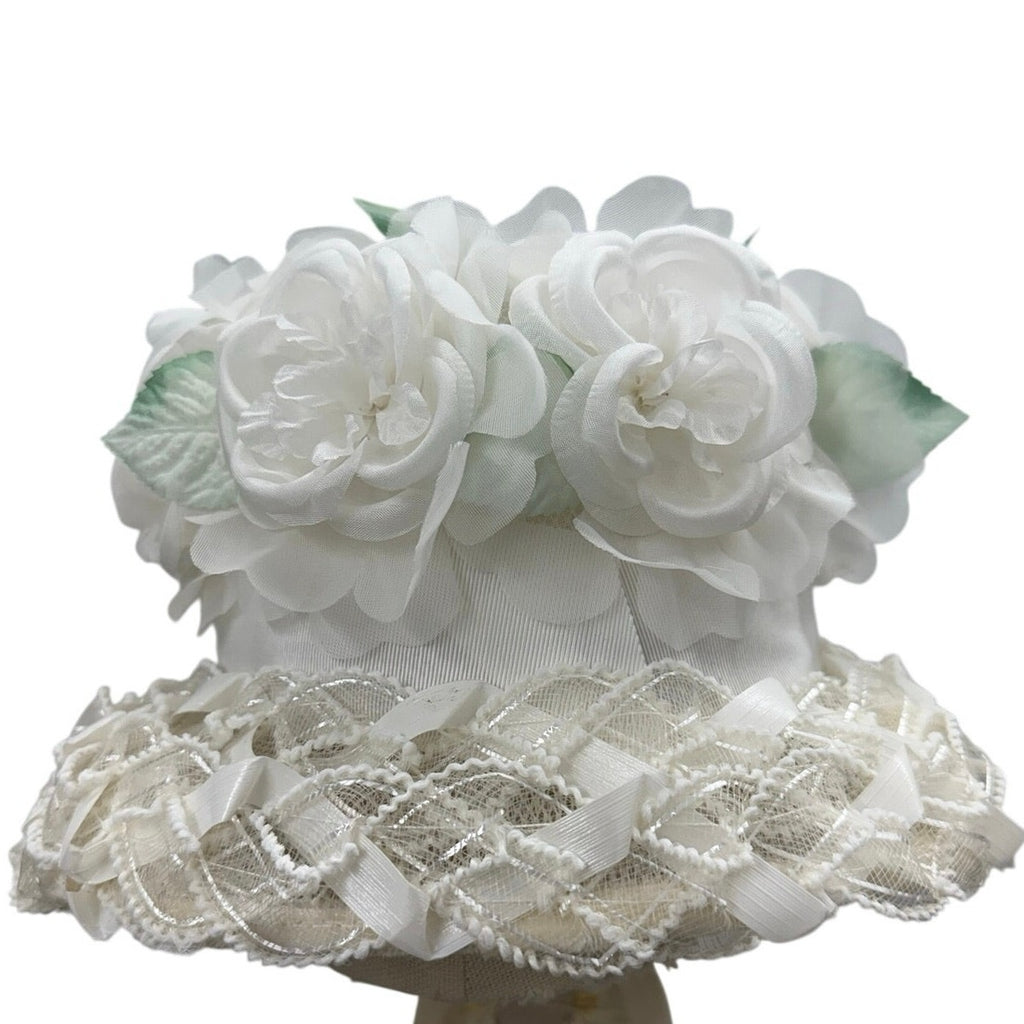 Vintage 60s White Floral Bucket Hat Lace Chiffon Union Label