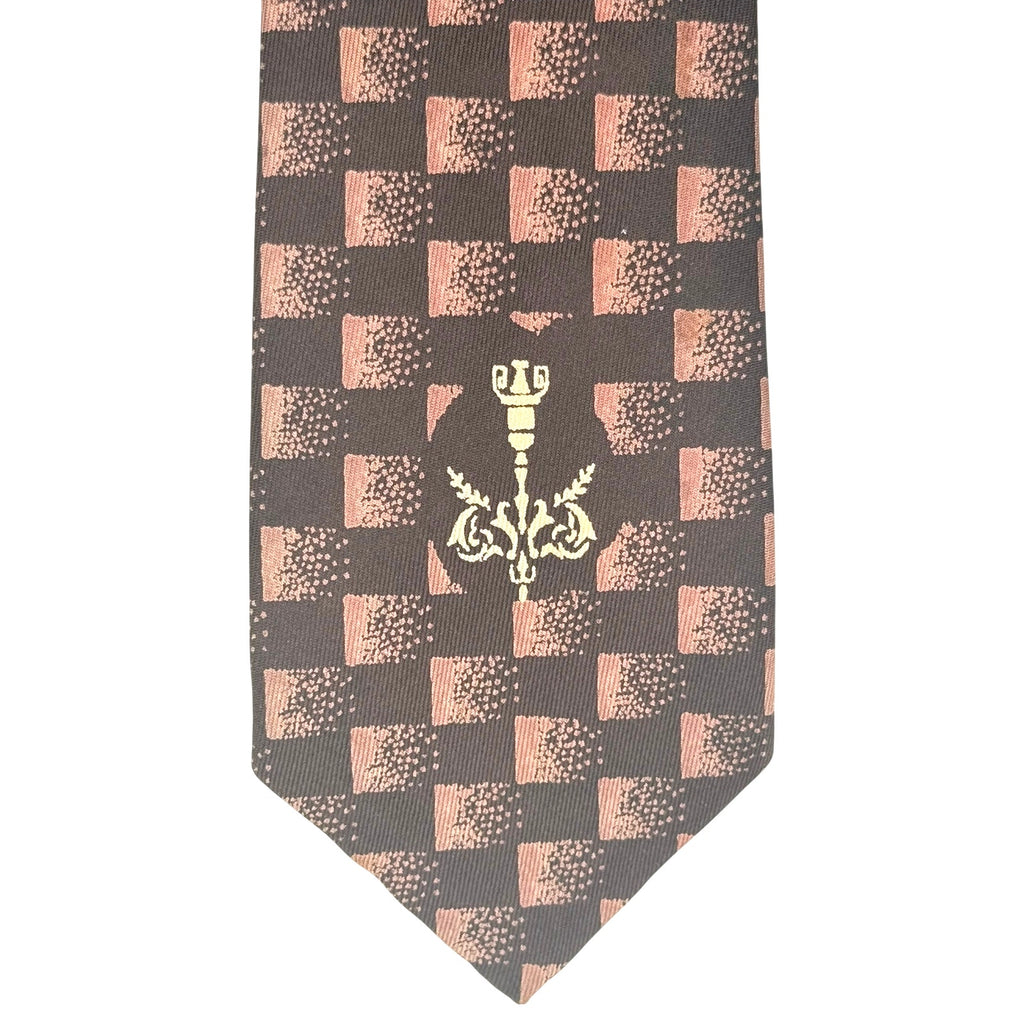 Vintage 1960s Fashion Craft Brown Silk Tie Fleur de Lis Check Necktie