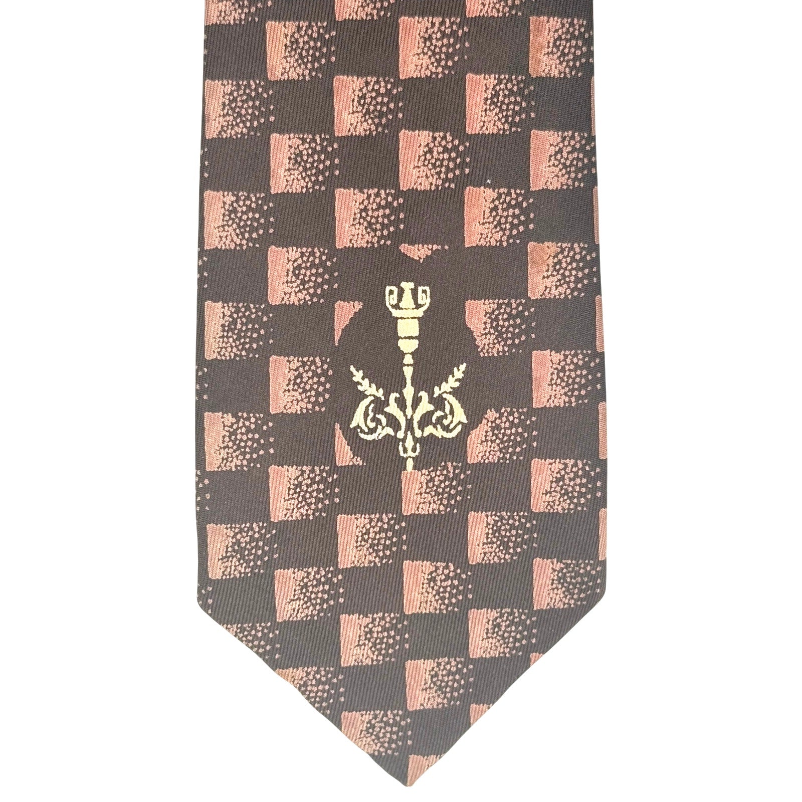 Vintage 1960s Fashion Craft Brown Silk Tie Fleur de Lis Check Necktie