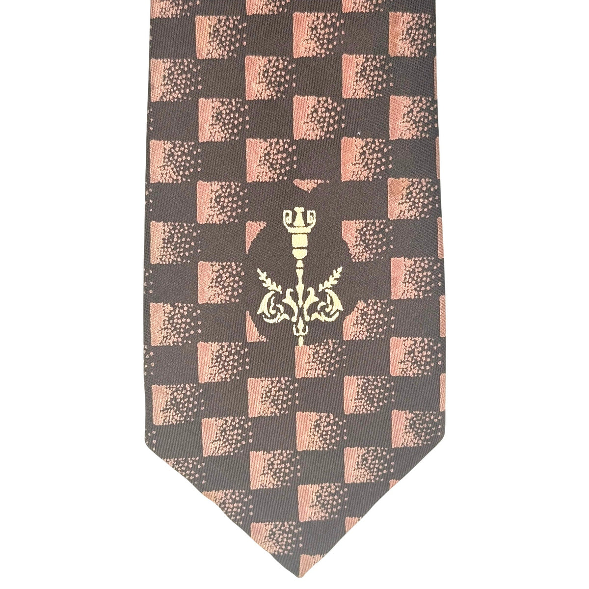 Vintage 1960s Fashion Craft Brown Silk Tie Fleur de Lis Check Necktie
