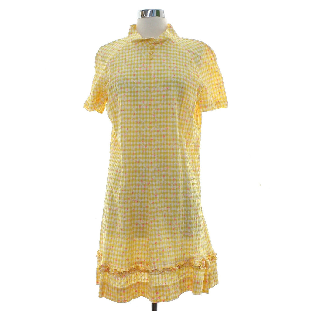 Vintage 70s Home Sewn Yellow Gingham Floral Mini Dress Ruffle Hem S