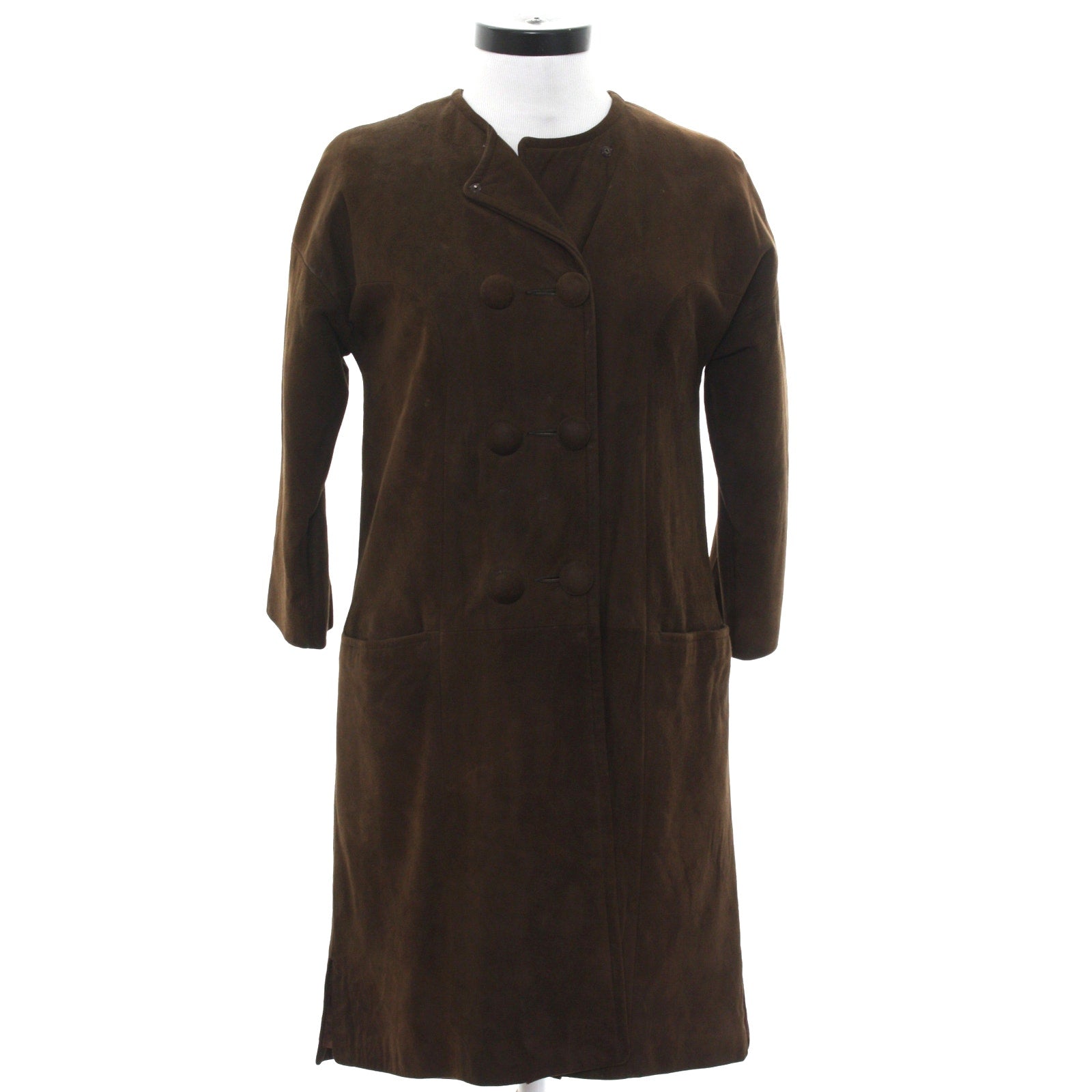 Vintage 60s Women’s XS Brown Leather Coat Womens Double Breasted Princess Seams