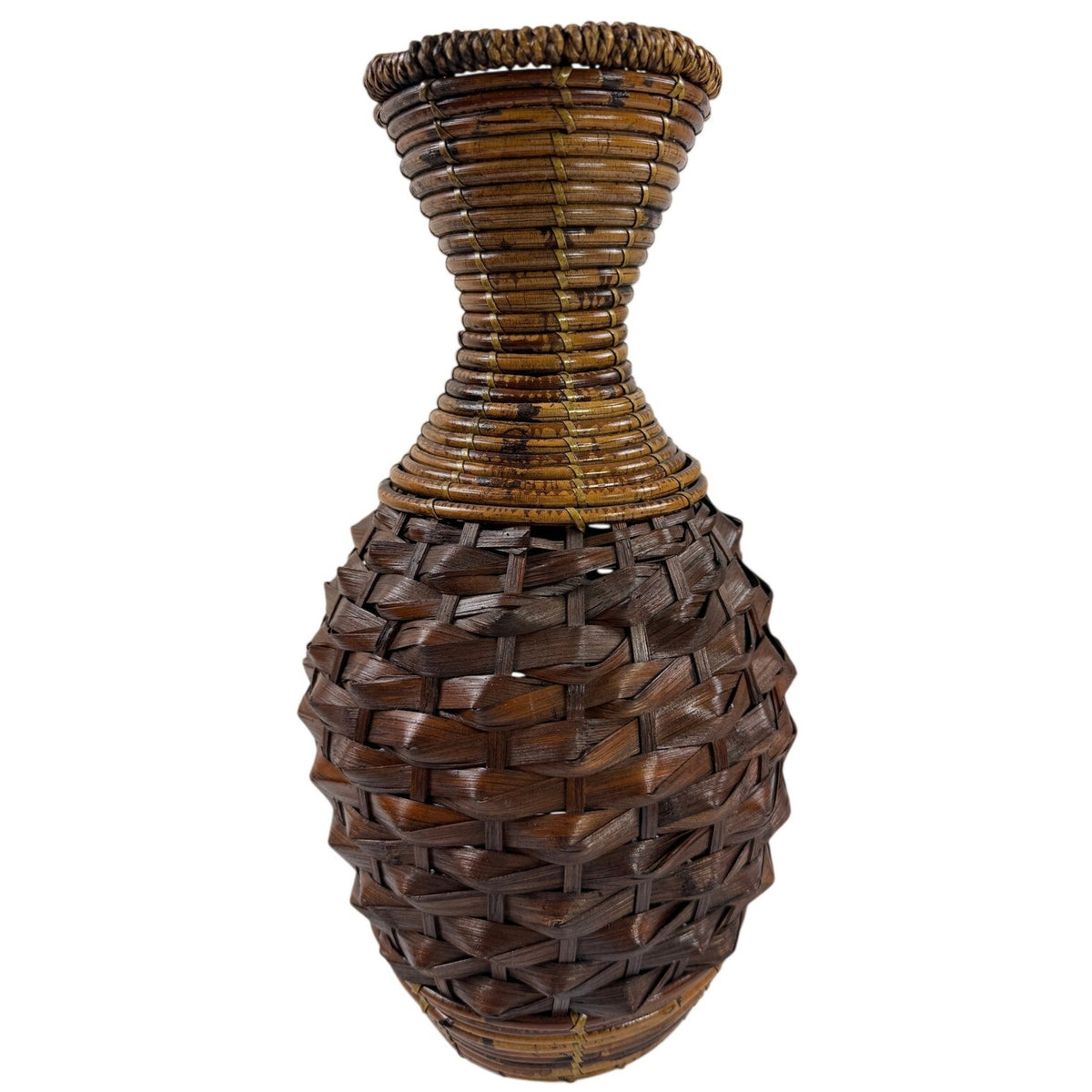 Vintage 90s Handwoven Rattan Wicker Vase 15 Brown Boho Basket Decor
