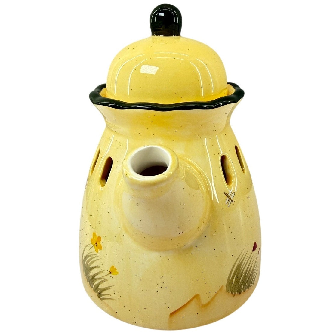 Vintage 90s Yellow Ceramic Teapot Candle Warmer Cover Floral Cutouts