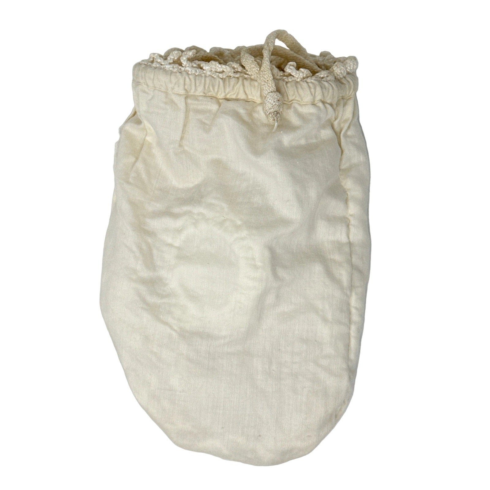 Vintage 60s White Crochet Drawstring Purse Rose Motif Pom Details