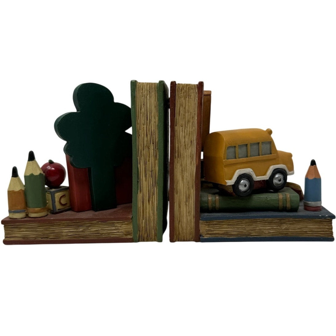 Artisan Flair School Classroom Resin Bookends School Bus Apple Pair