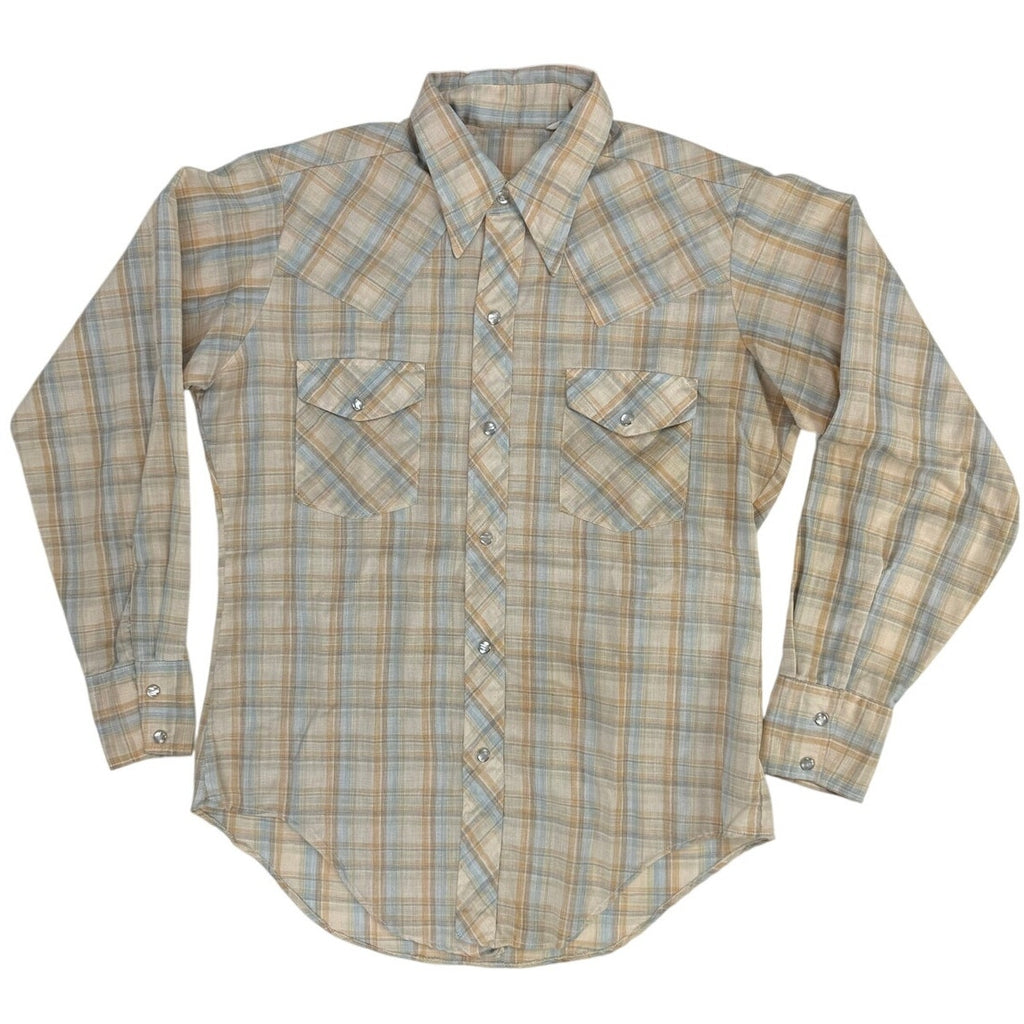 Vintage 80s Mens Blue Tan Plaid Pearl Snap Western Shirt Medium