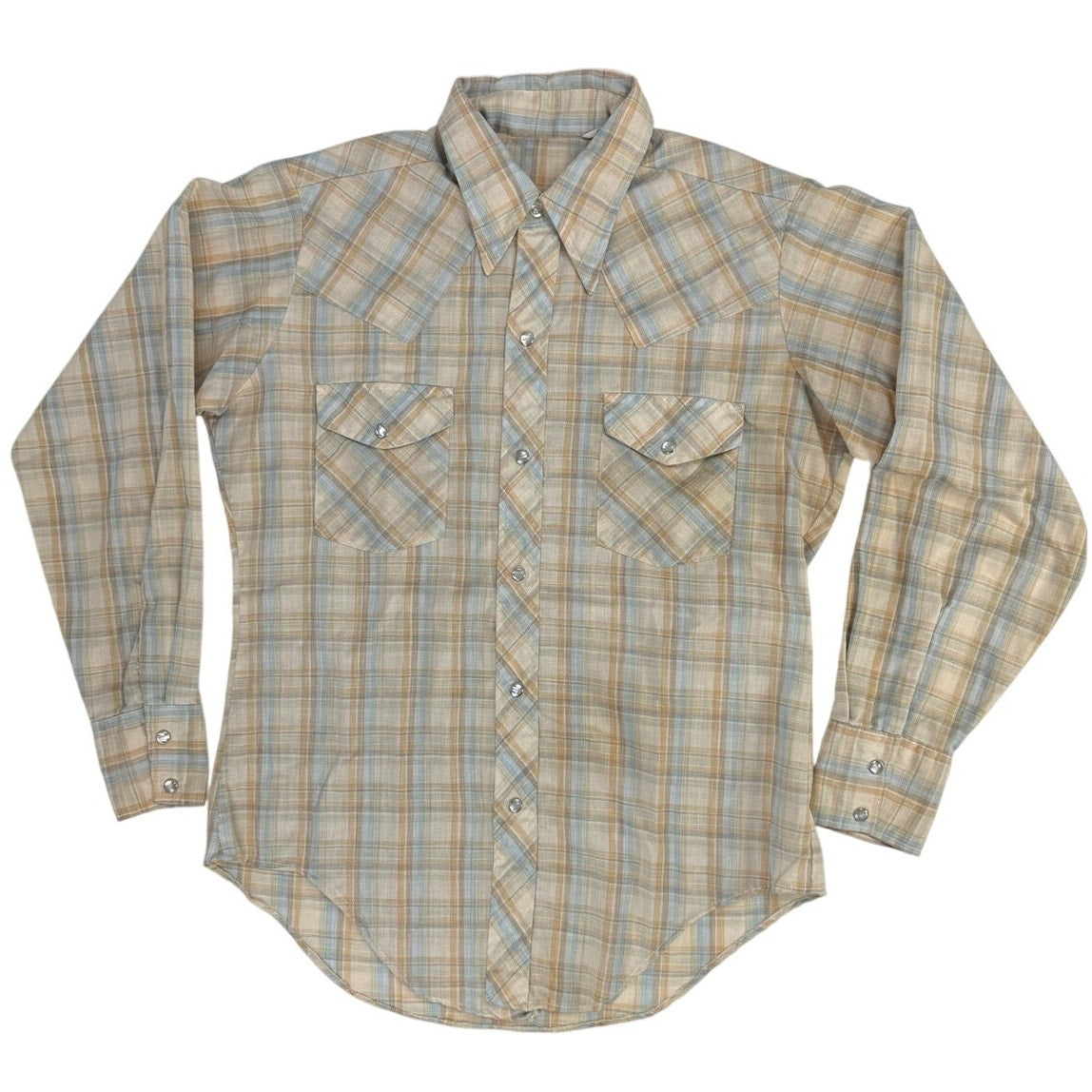 Vintage 80s Mens Blue Tan Plaid Pearl Snap Western Shirt Medium