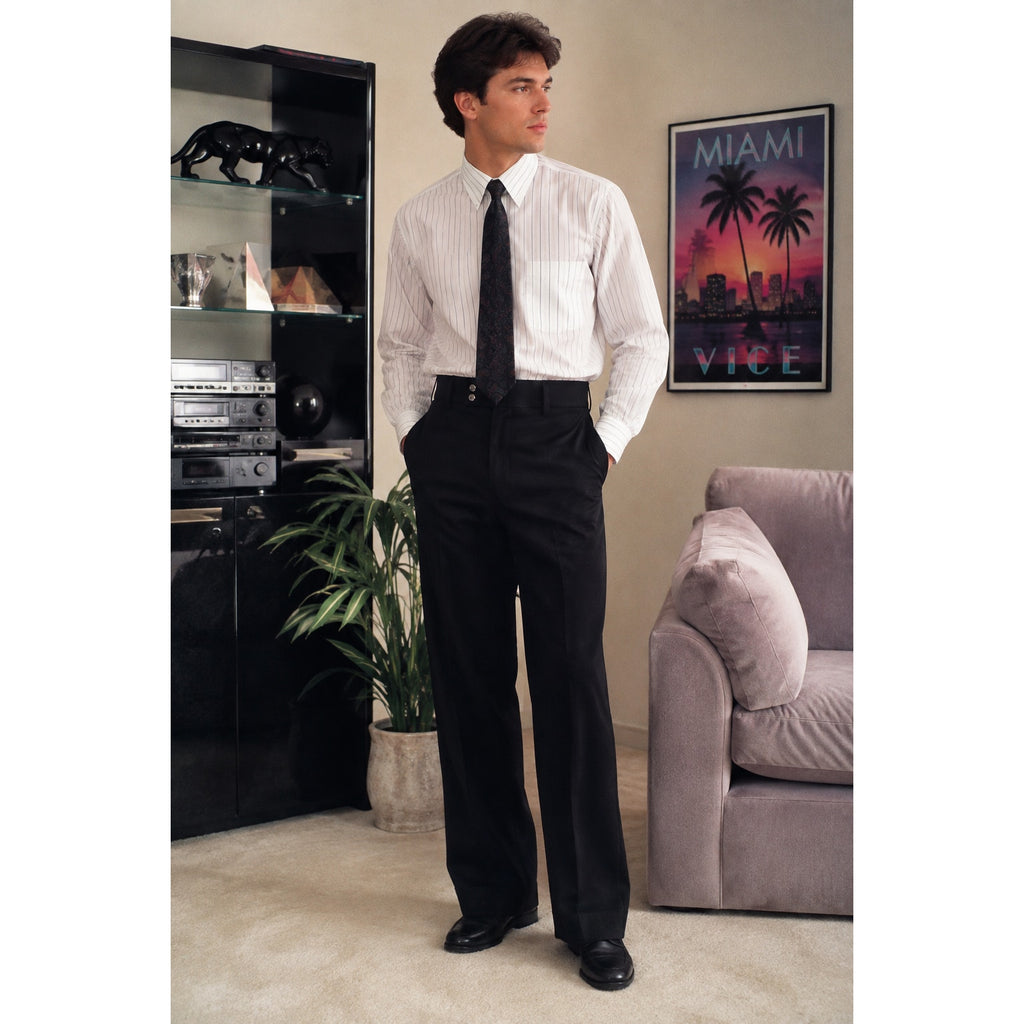 Vintage 1980s Mens Black Polyester Flat Front Dress Pants Slacks 34x31