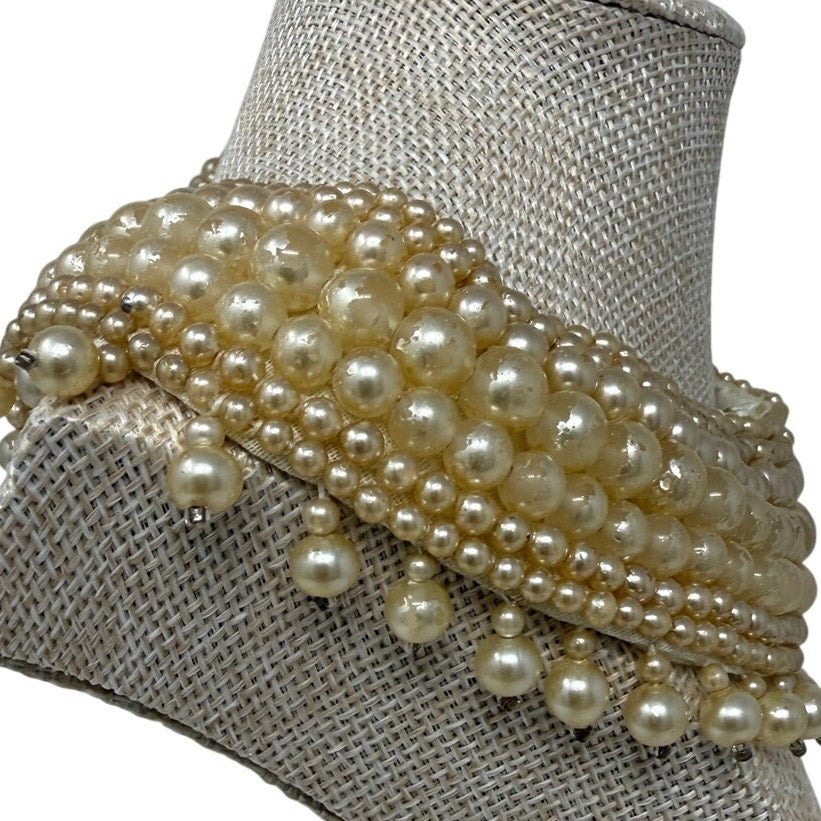 Vintage 40s Faux Pearl Beaded Collar Necklace Ivory Satin Bib 15.5”