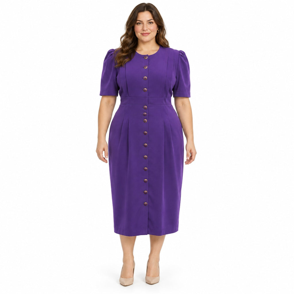 Vintage 80s Success Dress Purple Button Front Sheath Midi Dress Womens XL