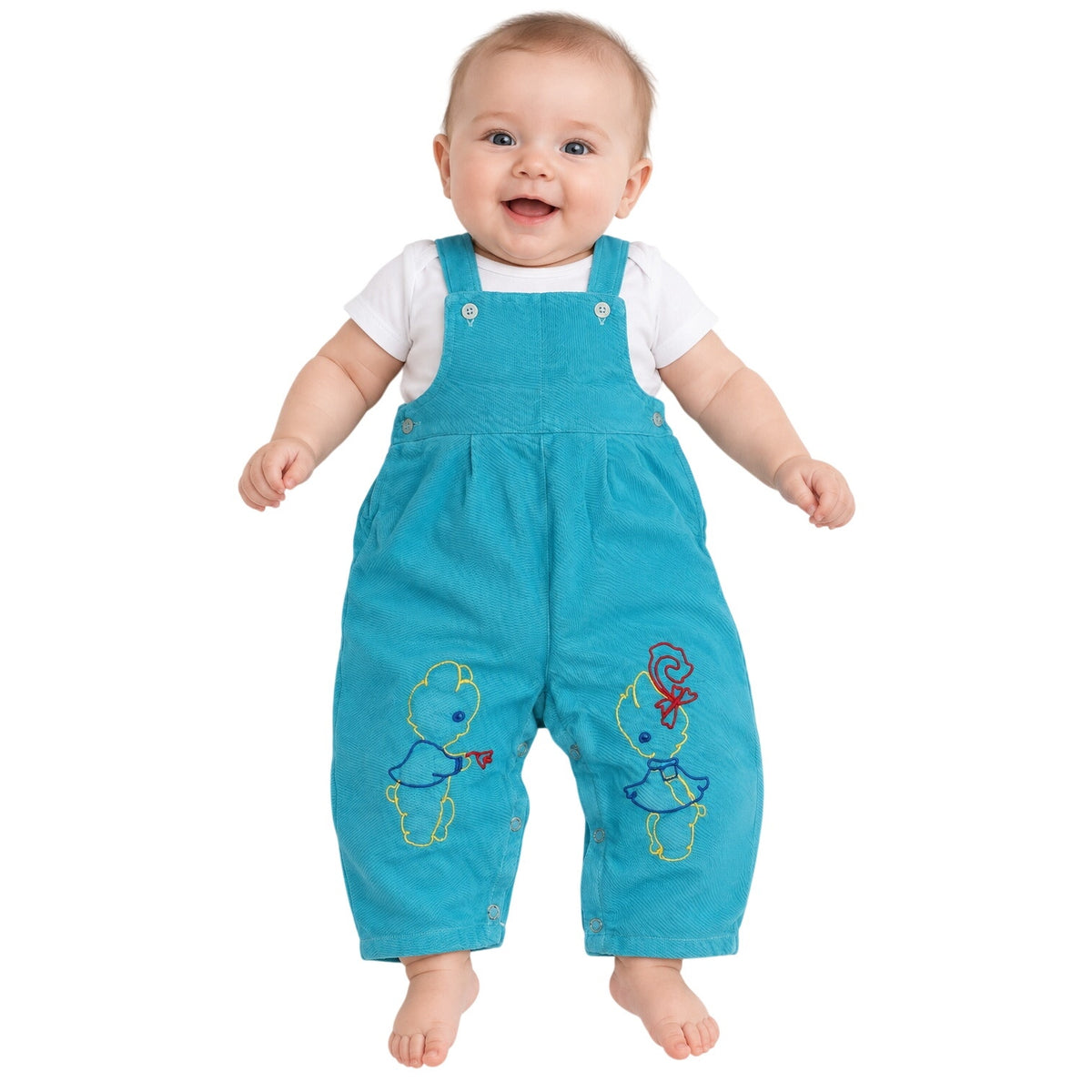 Vintage 1950s Baby Aqua Embroidered Bear Overalls 1-3 Months