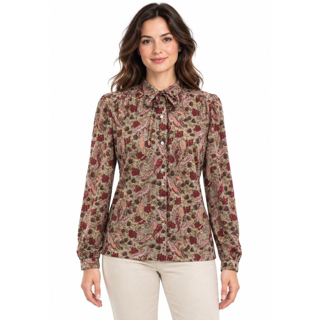 Vintage 70s Fire Islander Wine Pink Paisley Bow Neck Blouse Women's Medium