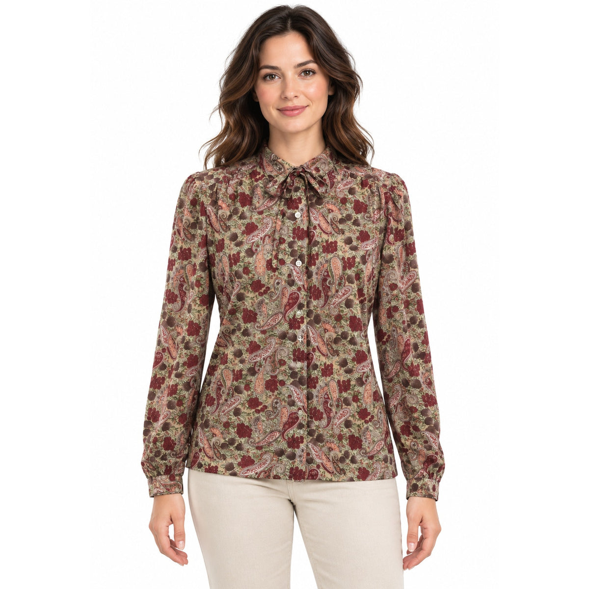 Vintage 70s Fire Islander Wine Pink Paisley Bow Neck Blouse Women's Medium