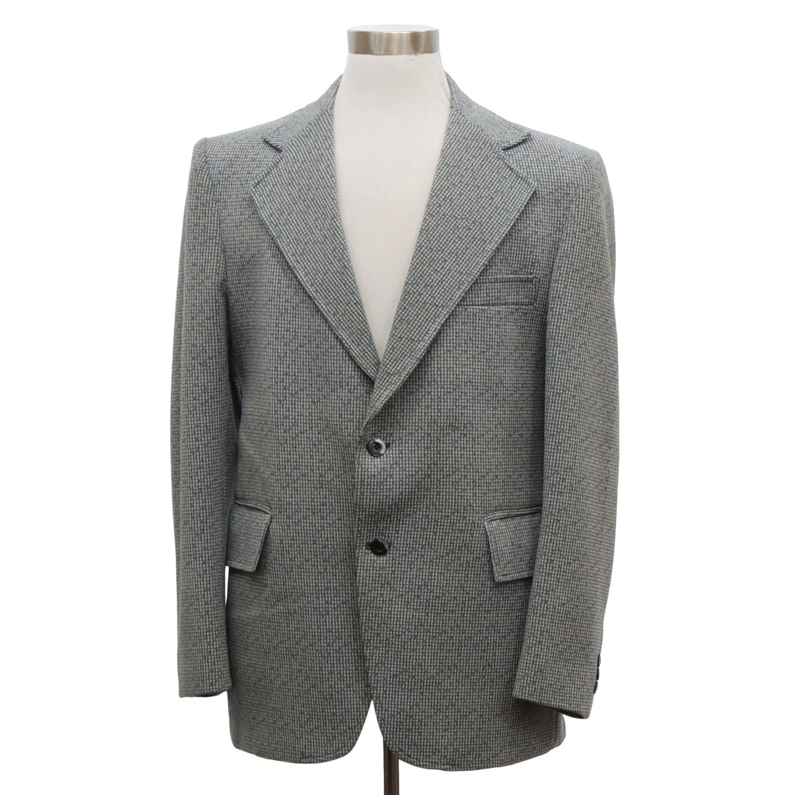 Vintage 1970s Men's Blue Gray Houndstooth Polyester Blazer Jacket 40