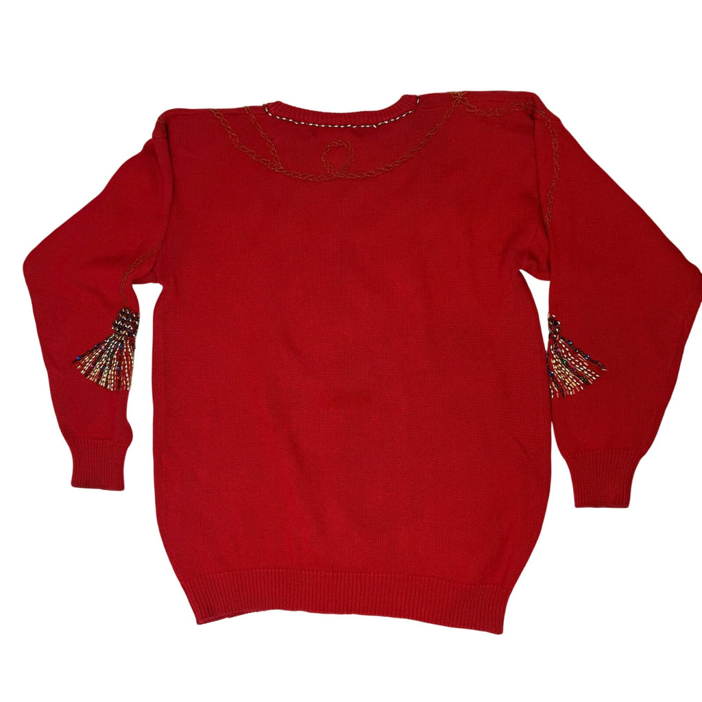 Vintage 80s Womens Medium Victoria Harbour Red Beaded Sweater Shoulder Pads
