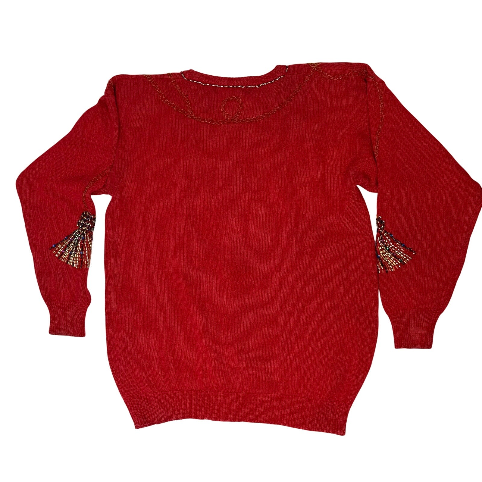 Vintage 80s Womens Medium Victoria Harbour Red Beaded Sweater Shoulder Pads
