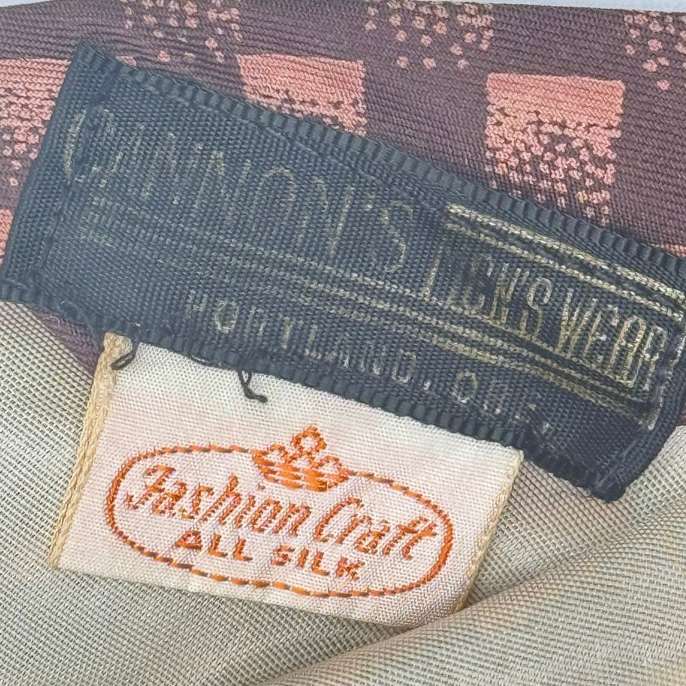 Vintage 1960s Fashion Craft Brown Silk Tie Fleur de Lis Check Necktie