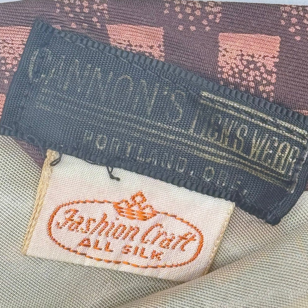 Vintage 1960s Fashion Craft Brown Silk Tie Fleur de Lis Check Necktie