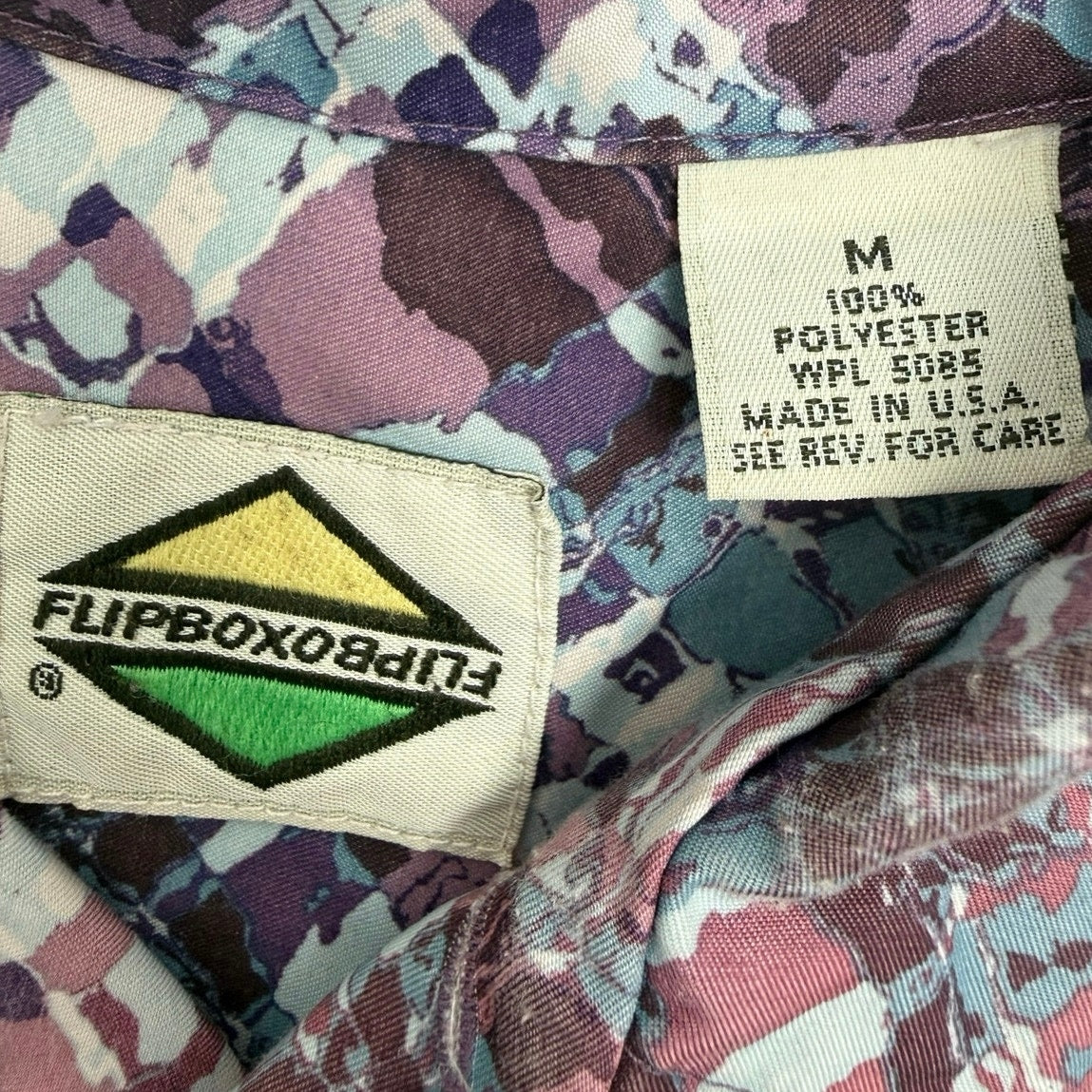 Vintage 80s Flipbox Purple Blue Geometric Polyester Button Up Shirt Men's Medium