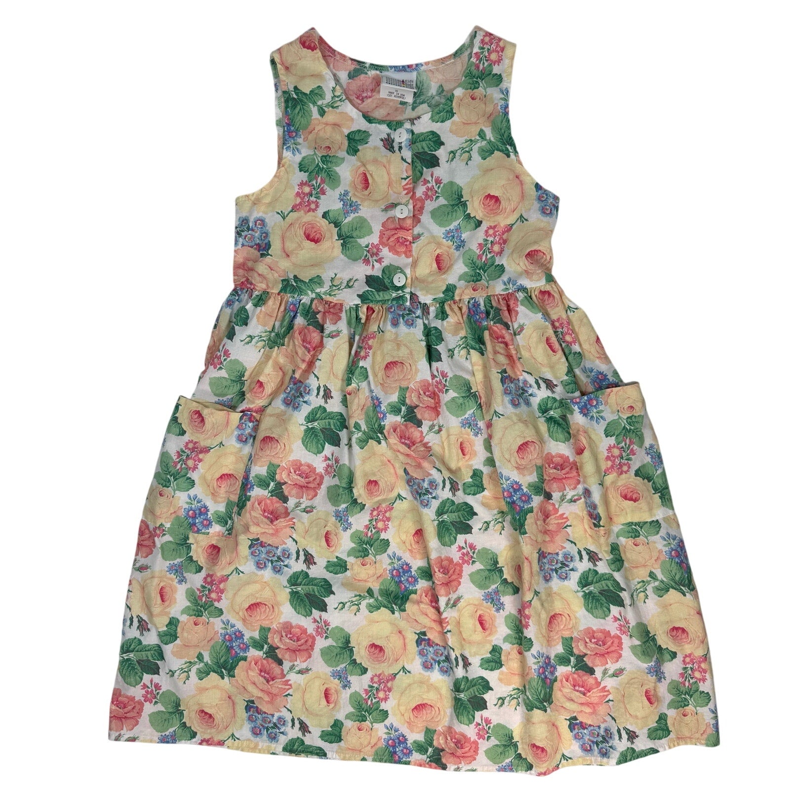 Girls 90s Summer Dress Floral Pockets 100% Cotton USA