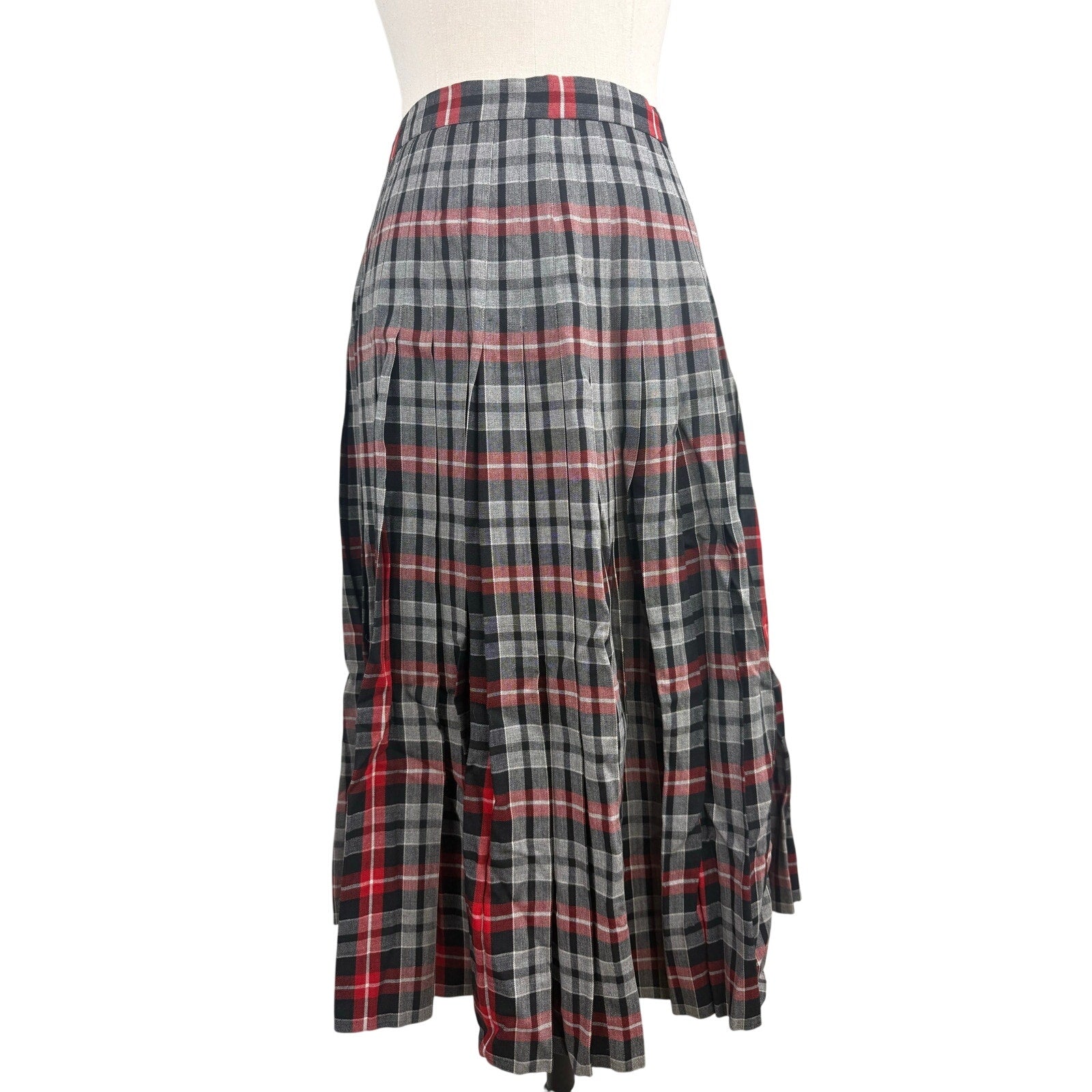Vintage 1950s Black Gray Plaid Pleated Wool Blend Women's Skirt 24 Waist