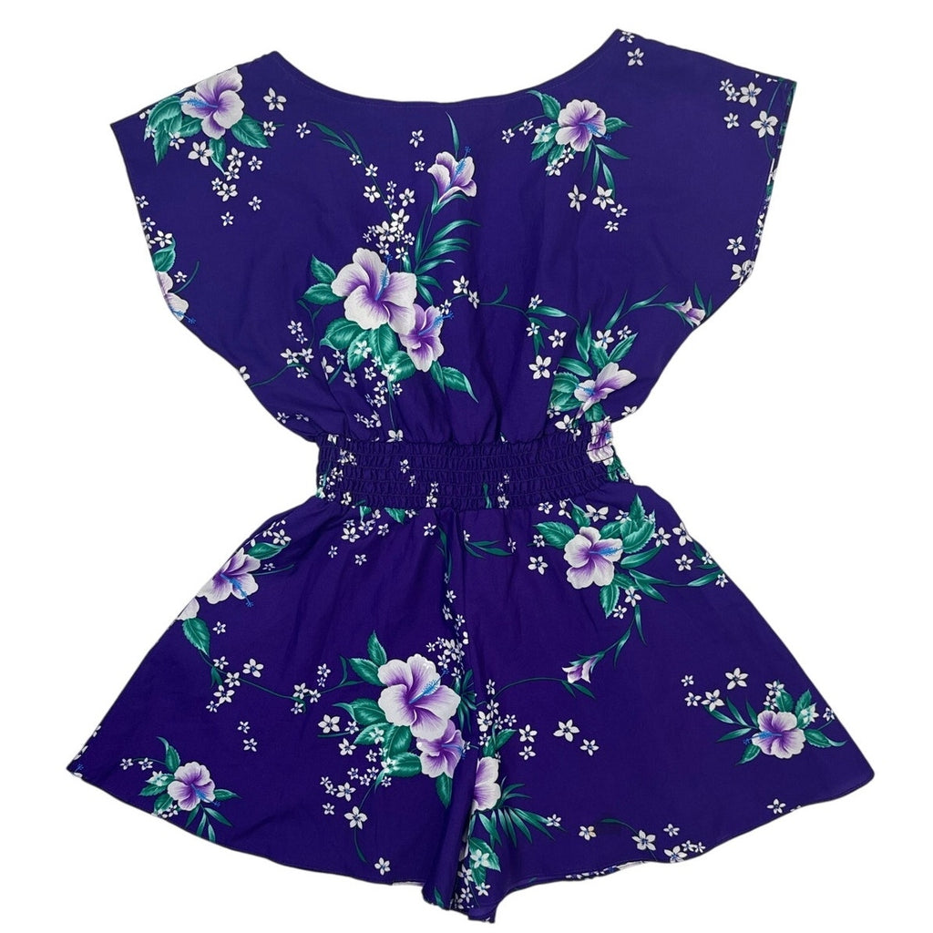 Vintage 80s Purple Hawaiian Floral Romper Sunsuit Womens Small