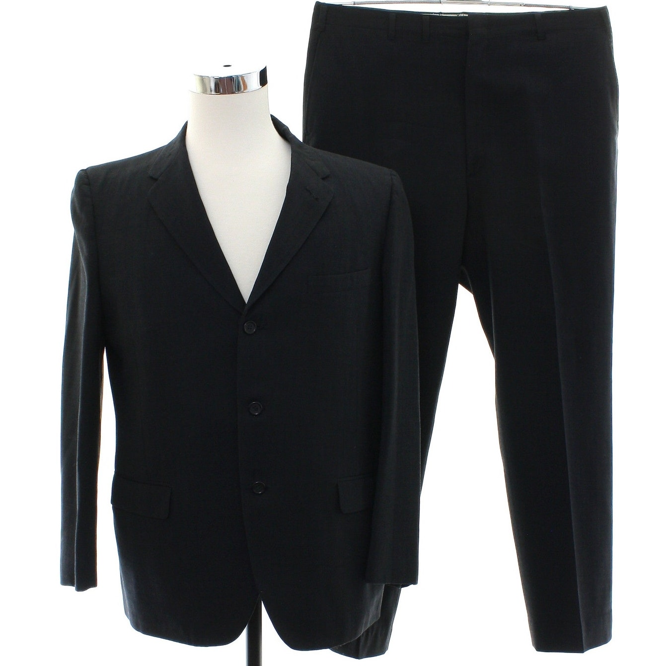 Vintage 1960s Black Charcoal Wool Suit 42R 36x29 Mad Men Mod Weiners