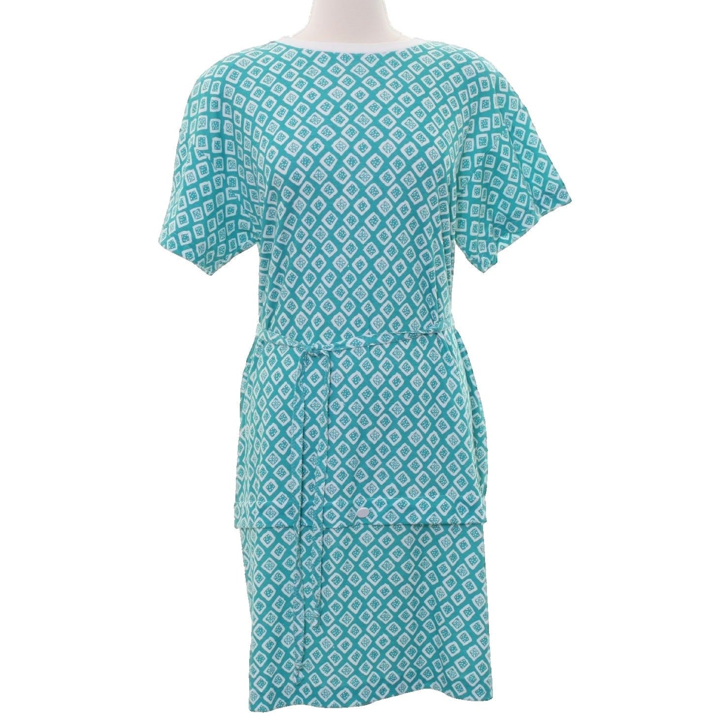 Vintage 80s Aquamarine Geometric Jersey Knit Belted Midi Dress M