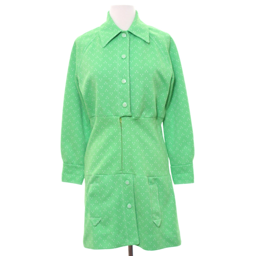 Vintage 70s Catalina Green Mod Mini Shirt Dress Polyester Knit Small