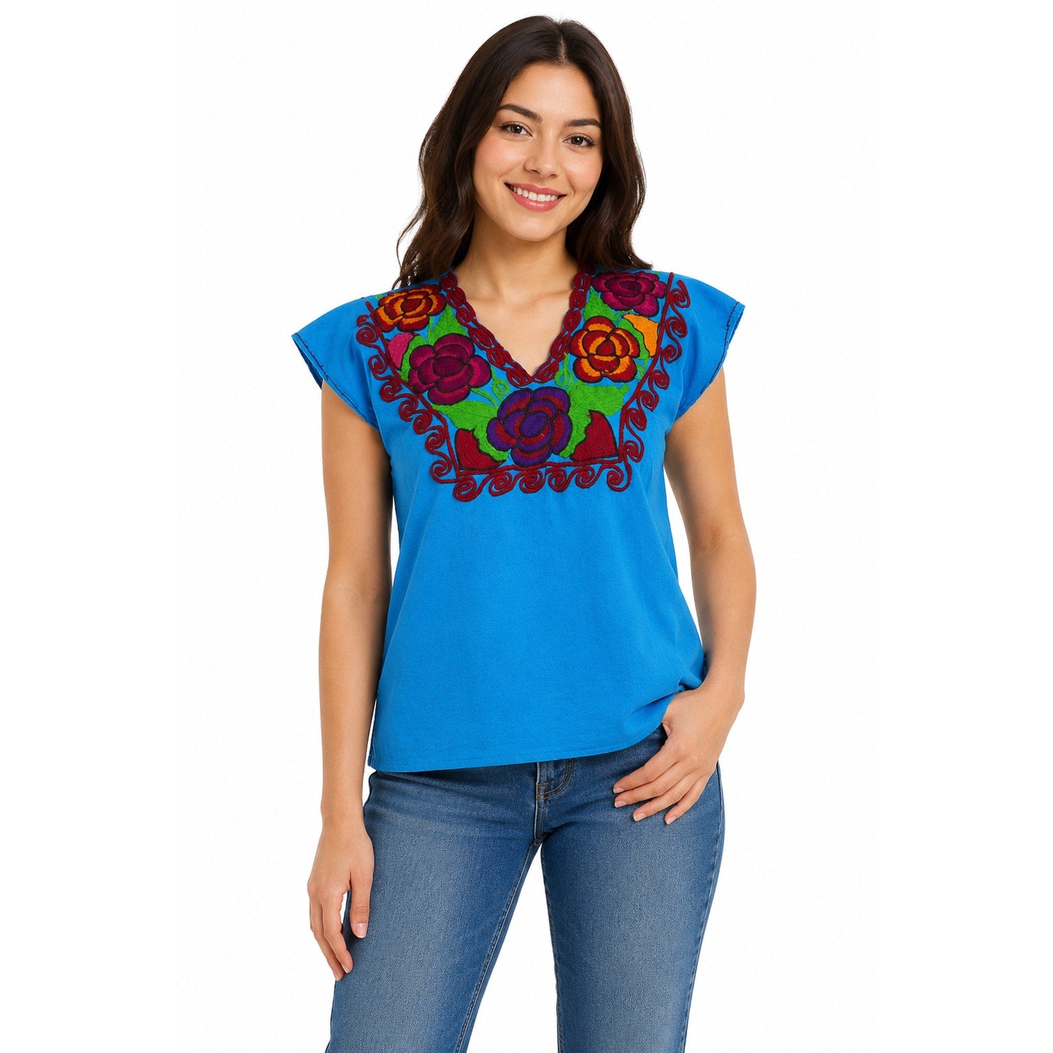 Vintage 70s Huipil Embroidered Turquoise Blouse Women's Medium Floral Folk Top