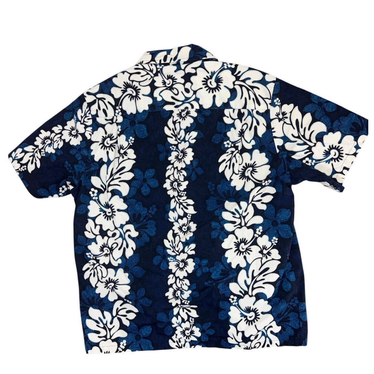 Vintage 90s Hawaiian Shirt Men's Medium Blue White Floral Cotton Aloha