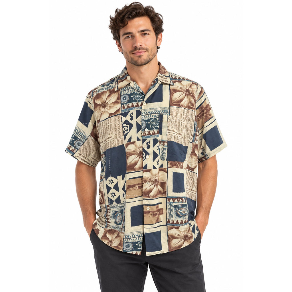 Vintage 80s Barry Bricken Navy Patchwork Rayon Shirt Men’s Medium 46 Chest