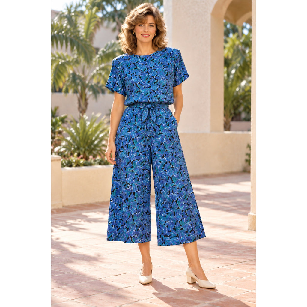 Vintage 80s SK Co Blue Rayon Palazzo Pants and Blouse Set Women's Large